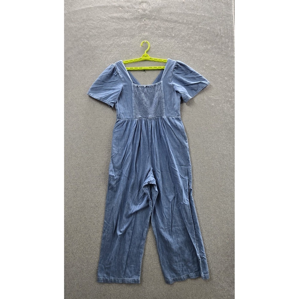 Old Navy Women Pants L Blue Denim Chambray Jumpsuit Smocked Short Sleeve